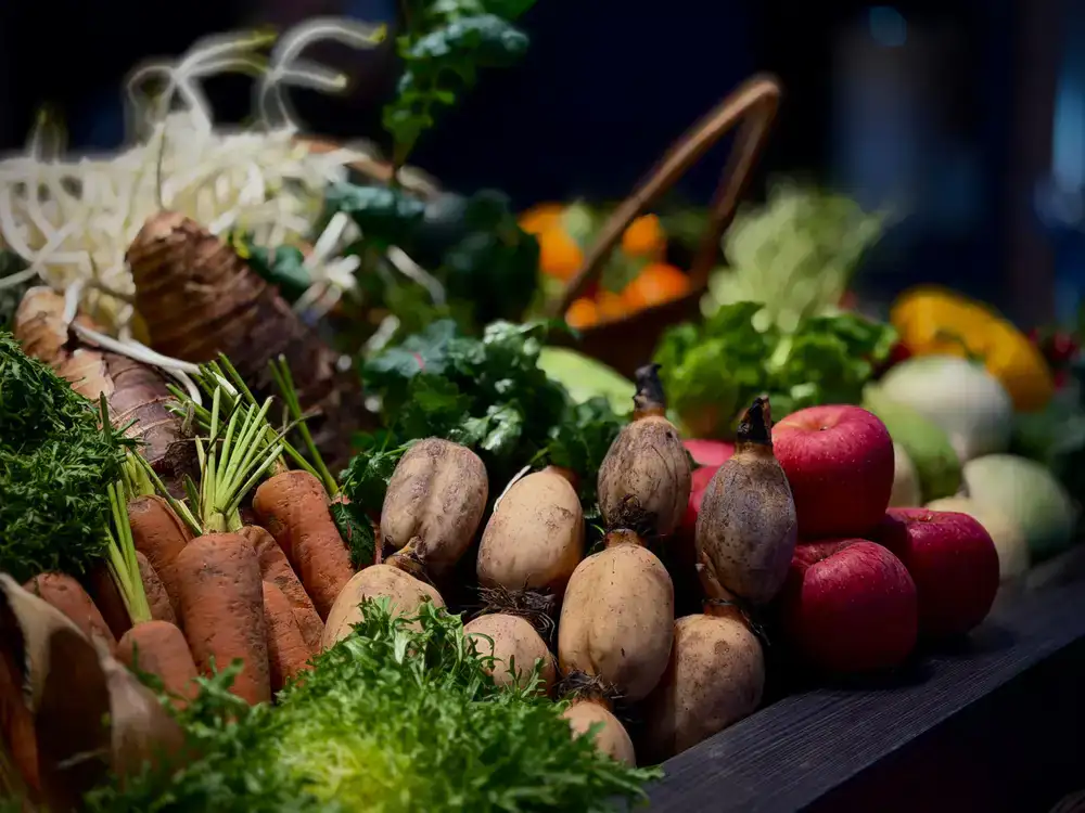 A rustic arrangement of root vegetables and fresh leafy greens